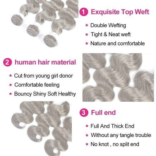 Giginger Bundles Human Sliver GREY 24 26 28 inch Body Wave Human Hair Bundles Unprocessed Quick Weave Soft Sewn In Hair Extensions for Black Women
