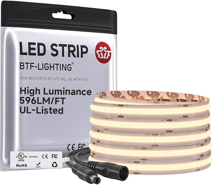 BTF-LIGHTING FCOB COB LED Strip 2700K 596+LM/FT Super Bright UL Listed DC24V 16.4FT 480LED/m 10mm Width Flexible High Density CRI 90+ Dimmable LED Light for Home Indoor Decor(No Controller or Adapter)