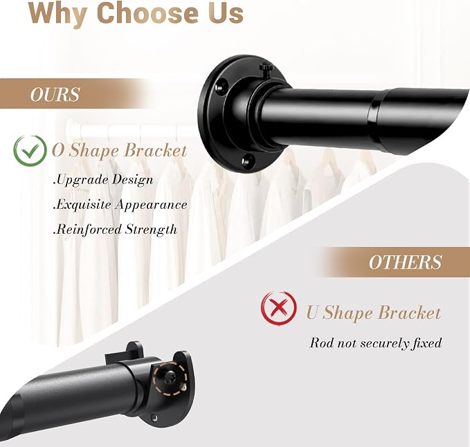 Closet Rod Adjustable 17 to 128 Inch, 1-1/4” Diameter, Closet Rods for Hanging Clothes, Stepless Metal Heavy Duty Hanging Rod for Closet Wardrobes Laundry RV (Black)