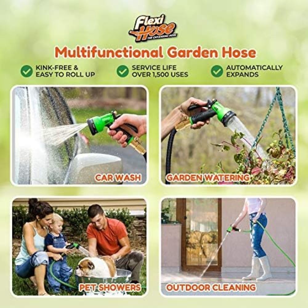 Flexi Hose Lightweight Expandable Garden Hose, No-Kink Flexibility, 3/4 Inch Solid Brass Fittings and Double Latex Core (150 FT, Black)