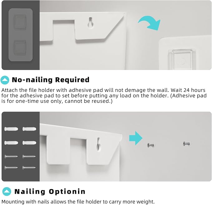 JOMOLA No Drilling File Holder 3 Pack Mail Organizer Wall Mount File Organizer Holder Office Wall Hanging Files Magazines Organizer Plastic Door Mount Wall Pocket with Adhesive Pad, White Color