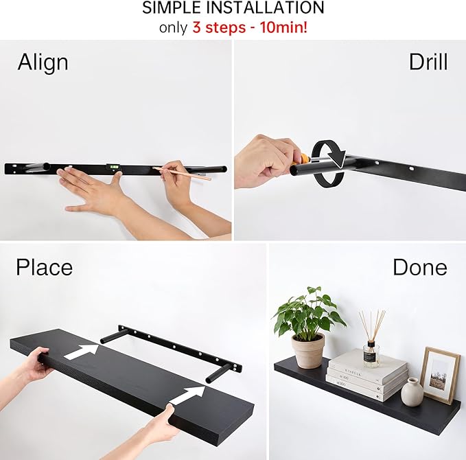 BAYKA Floating Shelves for Wall, Set of 3, 35.4 Inches Long Black Wall Mounted Rustic Wood Shelves for Bathroom, Bedroom, Living Room or Kitchen, for Book/Storage/Decor with 30lbs Capacity