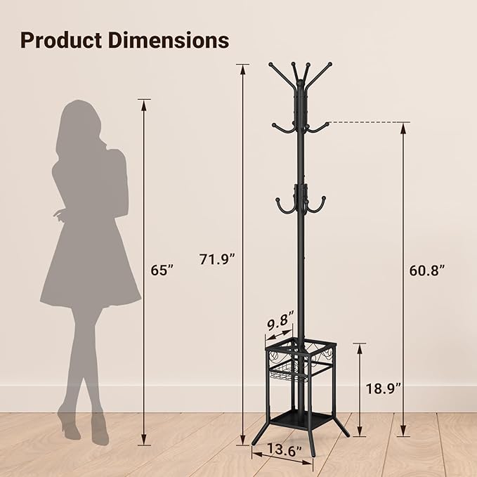 ELYKEN Coat Rack Freestanding, Coat Tree with Umbrella Holder, Metal Coat Rack Stand with 12 Hooks, Modern Standing Coat Hanger Stand, Hall Tree for Entryway Living Room Bedroom Office, Black