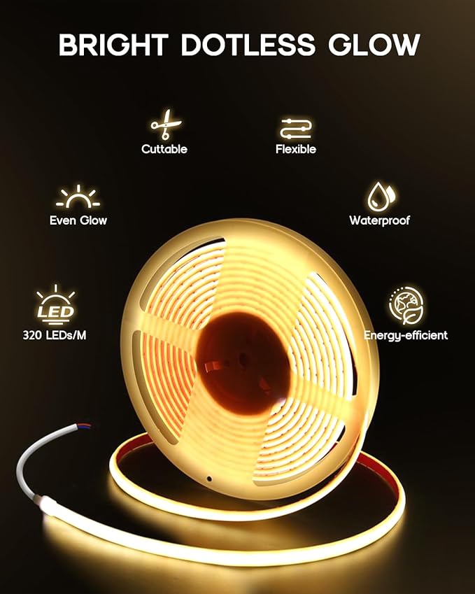 COB LED Strip Lights Daylight White 6000K,12V 16.4ft IP67 Waterproof High CRI 95Ra+ Super Bright,Flexible Boat Lights for Fishing Night Outdoor Bathroom Swimming Pool(Power Supply Not Included)