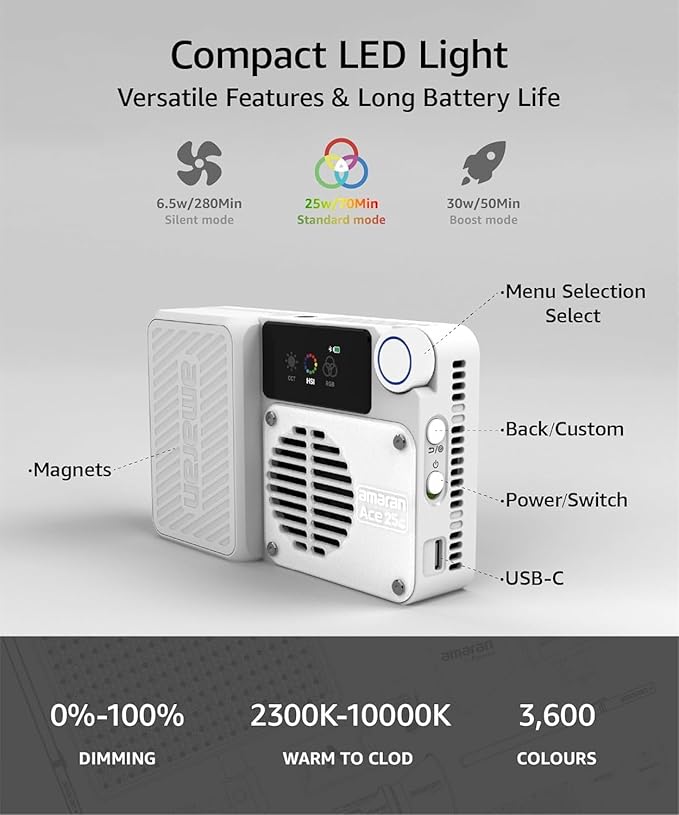 Amaran Ace 25c RGB Video Light,25W On Camera Pocket LED Light CCT 2300k-10000k, 5,908 lux @ 0.5m Illumination,with Rechargeable Battery and PD Charging (White)