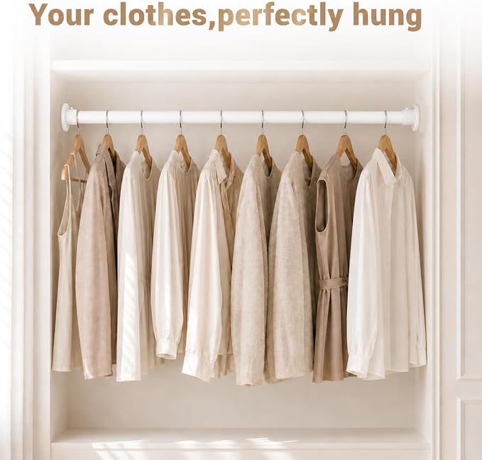 Closet Rod Adjustable 17 to 98 Inch, 1-1/4” Diameter, Closet Rods for Hanging Clothes, Stepless Metal Heavy Duty Hanging Rod for Closet Wardrobes Laundry RV (White)