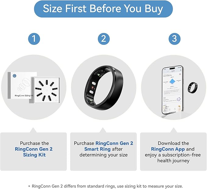 RingConn Gen 2, World’s First Smart Ring with Sleep Apnea Monitoring, No APP Subscription, 12-Day Battery Life, Stress/Heart Rate/Women's Health Tracker, Android & iOS Compatible (Black, Size 7)
