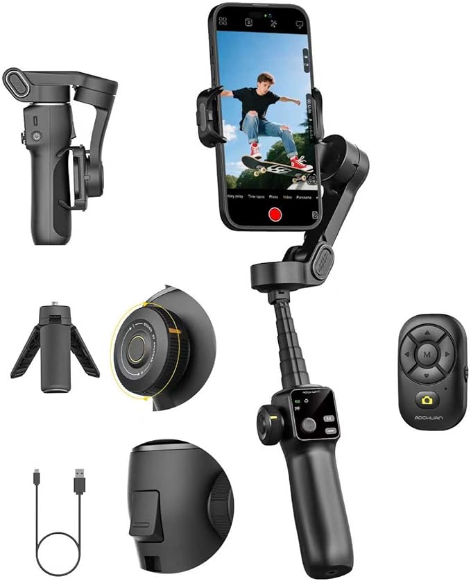 AOCHUAN Gimbal Stabilizer for iPhone w/Bluetooth Remote, 3-axis Phone Stabilizer w/7.8” Extension Rod, AI Face Tracking Smartphone Gimbal, Gesture Control for Video Shooting - Smart V8 Kit Black