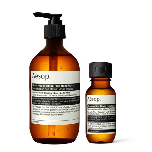 Aesop Resurrection Rinse-Free Hand Wash | Aromatic, Alcohol-Based Gel with Purifying and Hydrating Properties | Cleanses without Water | 1.7 oz + 16.9 oz