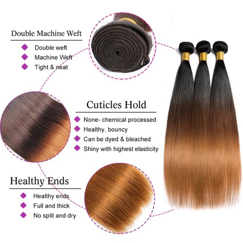 Hydtxc T1B/4/30 Straight Human Hair Bundles 18 20 22 Inch Omber Chocolate Brown 12A Raw Unprocessed Brazilian Virgin Quick Weave Hair for Black Women
