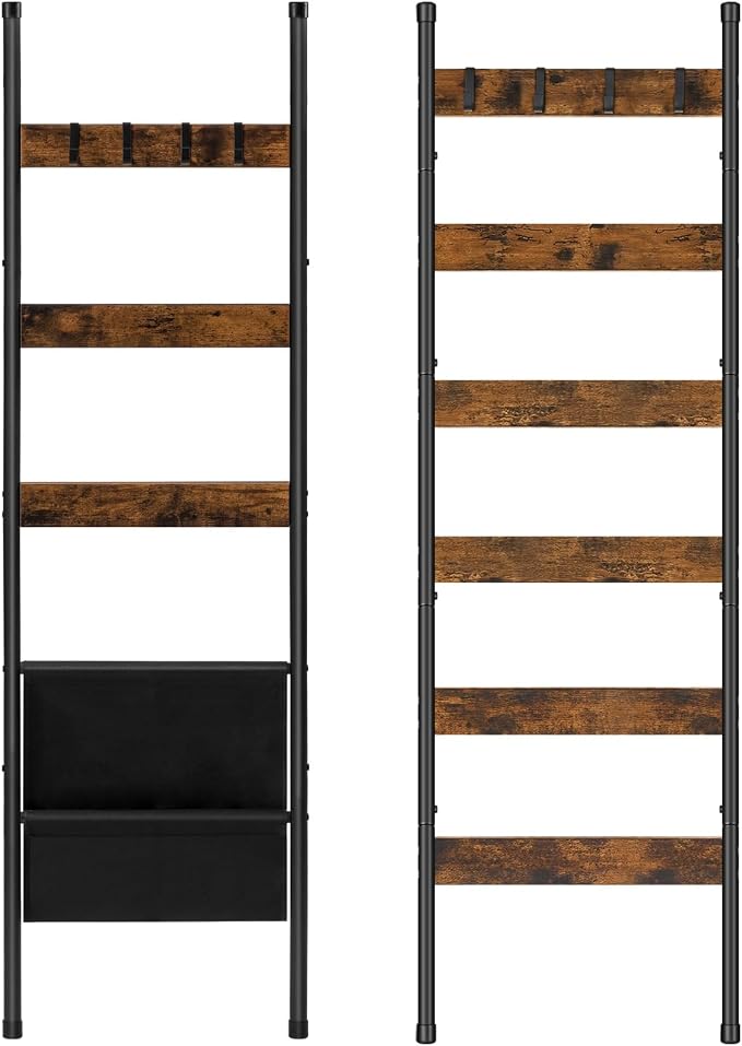 HOOBRO 5 Tier Blanket Ladder with Magazine Pocket and 6 Tier Towel Rack Bundle, Wall-Leaning Blanket Rack for Living Room, Decorative Ladder with 4 Hooks, Rustic Brown BF32CJ01-BF66CJ01