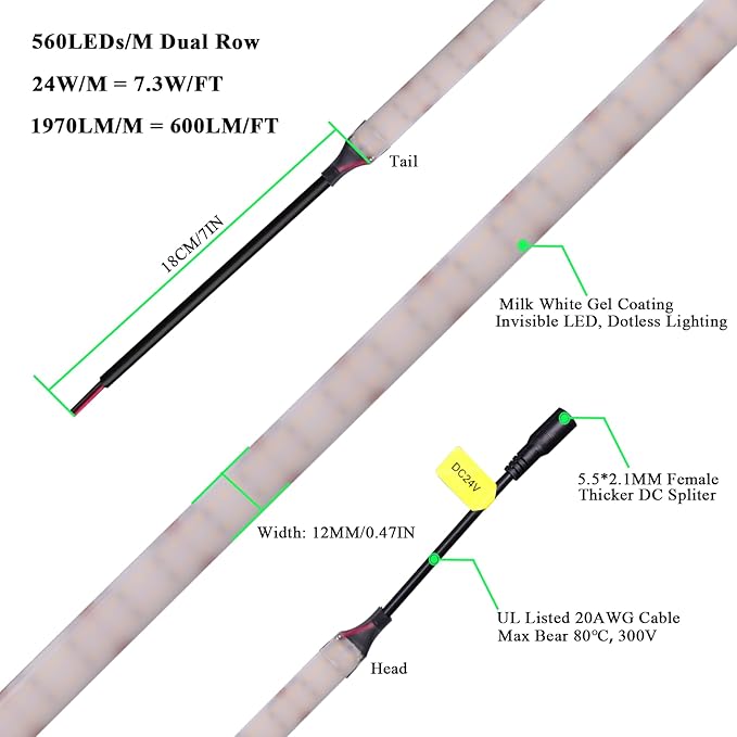 JOYLIT 24V Diffused COB LED Strip Lights Dual Row 16.4FT 560LEDs/M 4000K Natural White Waterproof, CE UL Professional 625LM/FT Super Bright Dotless Dimmable Adhesive LED Tape 12MM Wide 24W/M CRI 92
