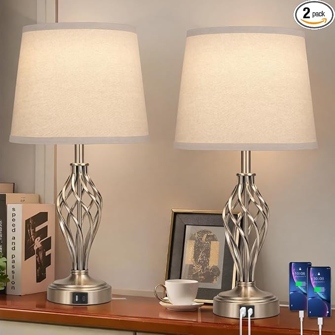 Ruiever Touch Table Lamps Set of 2, nightstand lamp with USB Ports Bedside 3 Way Touch dimmer Desk lamp for Living Room Bedroom,Nickel Plated Spiral cage Base Design Warm White dimmer Bulbs Included