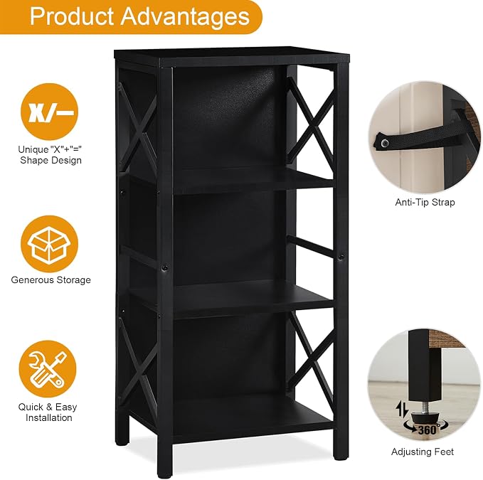 MNEETRUNG Small Bookshelf,4 Tier Industrial Bookcase with Metal Frame and Backboard,Narrow Black Book Shelf,Office Book case for Small Spaces,Living Room,Bedroom and Home Office