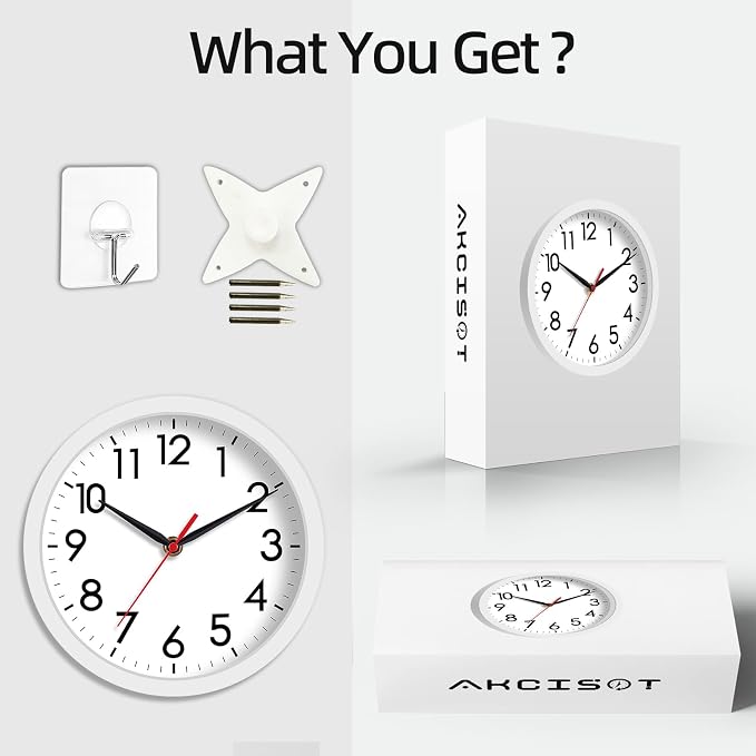 AKCISOT Wall Clock, Modern Small Wall Clocks Battery Operated 8 Inch, Silent Non-Ticking Analog Classic for Office, Home, Bathroom, Kitchen, Bedroom, School(White)
