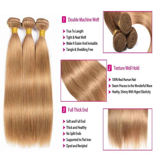 Giginger Brazilian Human Hair Bundles 26 28 30 Inch Honey Brown 27 Color Straight Bundles Human Hair Straight Unprocessed Virgin Quick Weave Hair for Black Women