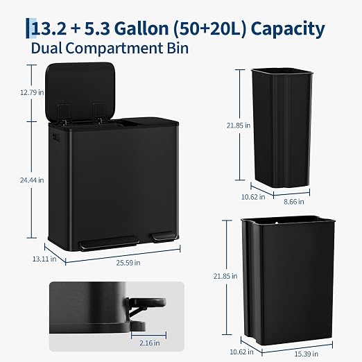 Dual Kitchen Trash Can 13.2 + 5.2 Gal (50+20L) Stainless Steel Trash Cans with Soft Close Lid Large Double Garbage and Recycling Bin with 2 Removable Inner Buckets Step-on Metal Garbage Cans Black