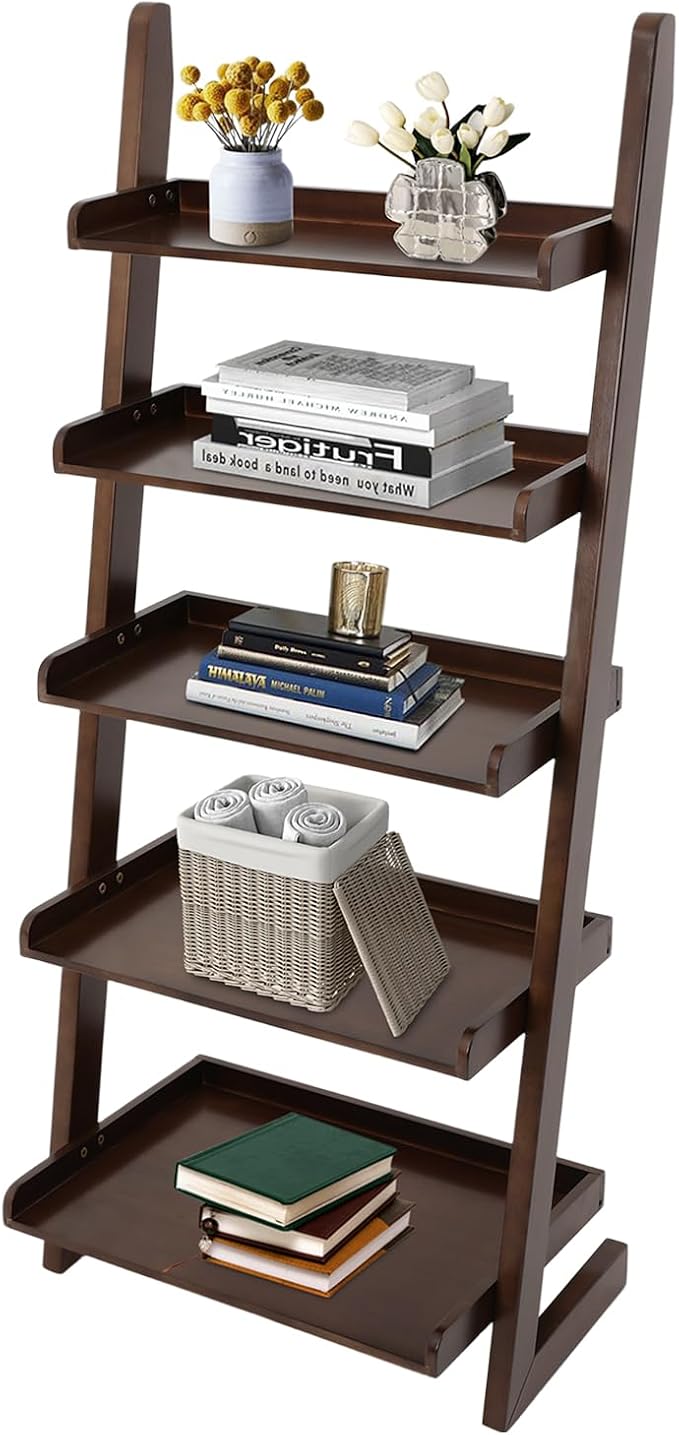 Ladder Bookshelf, 5 Tier Leaning Bookshelf Leaning Ladder Shelf with Stable Structure Rustic Style Ladder Shelves Storage Rack for Living Rooms, Bedrooms, Study Rooms (Walnut-Brown)