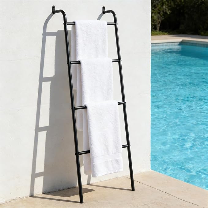 Blanket Ladder, 4 Tier Ladder Shelf 5 FT Decorative Ladder Shelf Stand, Decorative Wall Leaning Farmhouse Quilt Display Holder Dust-proof Metal Towel Rack Holder for Living Room & Bedroom (White)