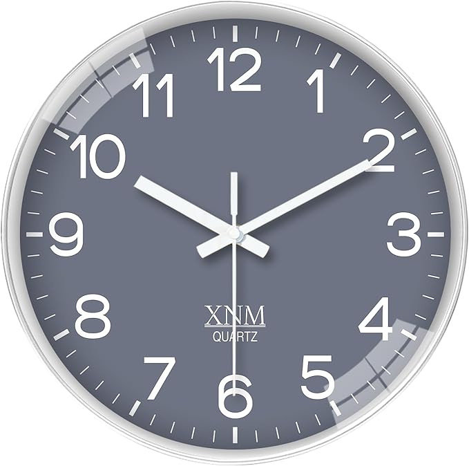 XNM 12 Inch Grey Modern Minimalist Wall Clocks Battery Operated Silent Non Ticking Classic Analog Clock for Living Room Bedroom Decor