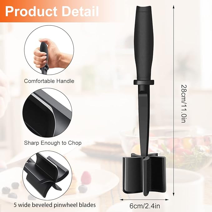 6Pcs Ground Meat Chopper - Nylon Nonstick Ground Beef Chopper with 5 Curved Blades & Ergonomic Non-Slip Handle, Dishwasher Safe Sturdy Meat Masher, Heat-Resistant Potato Masher for Kitchen