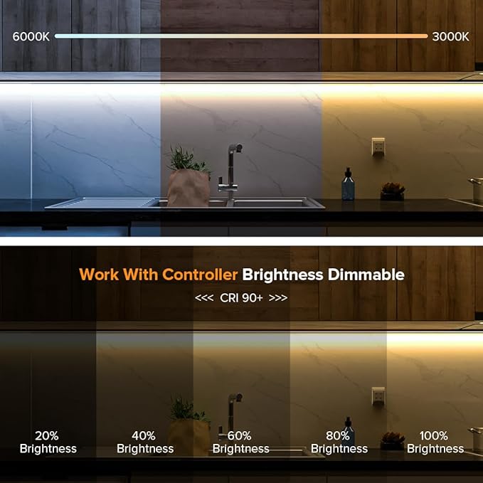 BTF-LIGHTING FCOB COB LED Strip CCT 3000K-6000K Tunable White IP65,UL Listed DC12V 9.8FT CRI 90+ Dimmable LED Tape Lights,640LEDs/m Dotless for Bedroom Kitchen Indoor Decor(No Adapter or Controller)