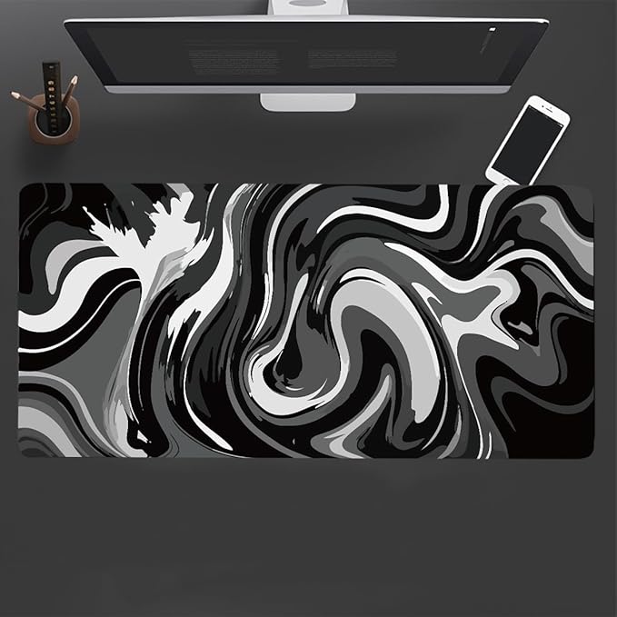 Large Gaming Mouse Pad - Black and White Mouse Pad with Stitched Edges, Extended XL Mousepad with Anti-Slip Rubber Base, Ink Liquid Wave Desk Mat for Keyboard and Mouse(31.5x15.8 inch)