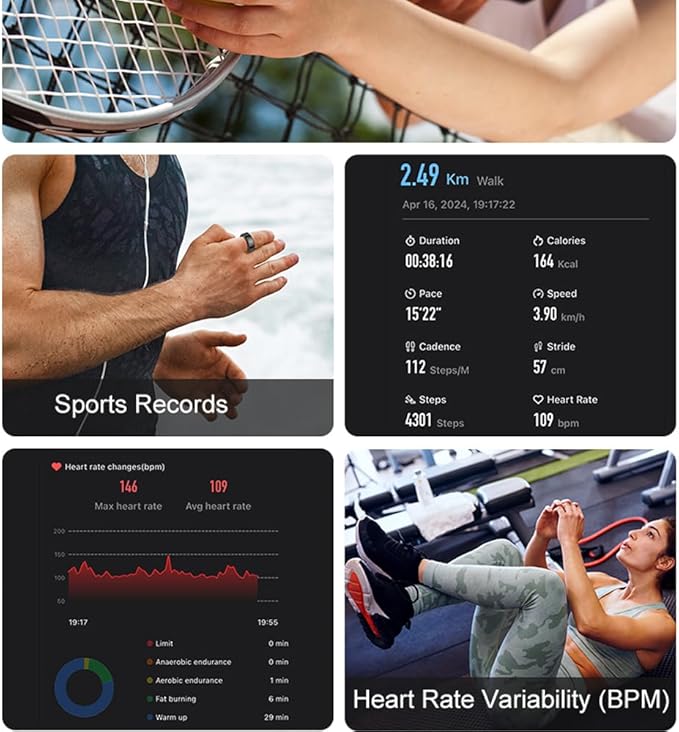 Curved Design Smart Ring Fitness Tracker, Gesture Remote Control Activity Sport Record Sleep Quality Heart Rate SpO2 Skin Temperature Monitoring (Black, #13)