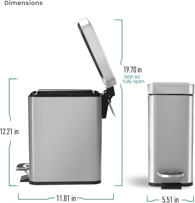 Home Zone Living 1.3 Gallon Stainless Steel Small Trash Can with a Lid | Stainless Steel with Slim Fit Design, Soft-Close Lid for Offices, Bathrooms, Bedrooms and Dorms, Silver