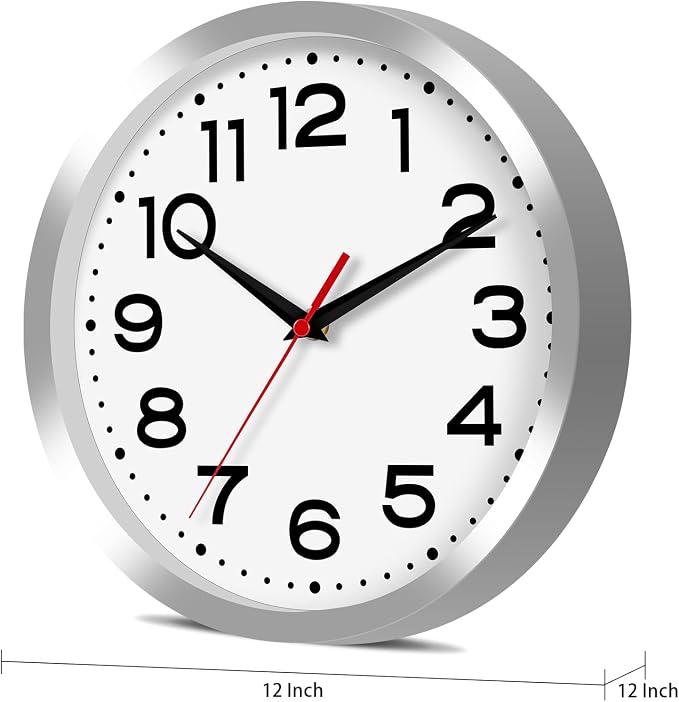 Roymnie Wall Clock Silent Non-Ticking Modern Clock Battery Operated 12 Inch Small Classic Analog Decorative for Kitchen, Bathroom, Office, Bedroom, Home(Silver)