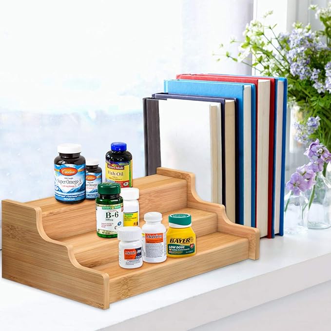 Spice Rack Kitchen Cabinet Organizer- 3 Tier Bamboo Expandable Display Shelf Yellow