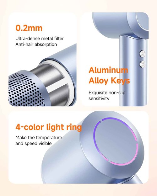 PLUZZ Professional Hair Dryer with Diffuser for Curly Hair, 400M Negative Ionic Blow Dryer for Fast Drying, 120,000 RPM High-Speed Brushless Motor, Low Noise Lightweight, Travel-Friendly (Silver)