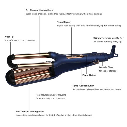 MIRACOMB Titanium Deep Waver Iron, Ion Technology, Digital Heat Settings, Auto Off, Dual Voltage (12.2 inches, Wavy Hair, Hair Waver)