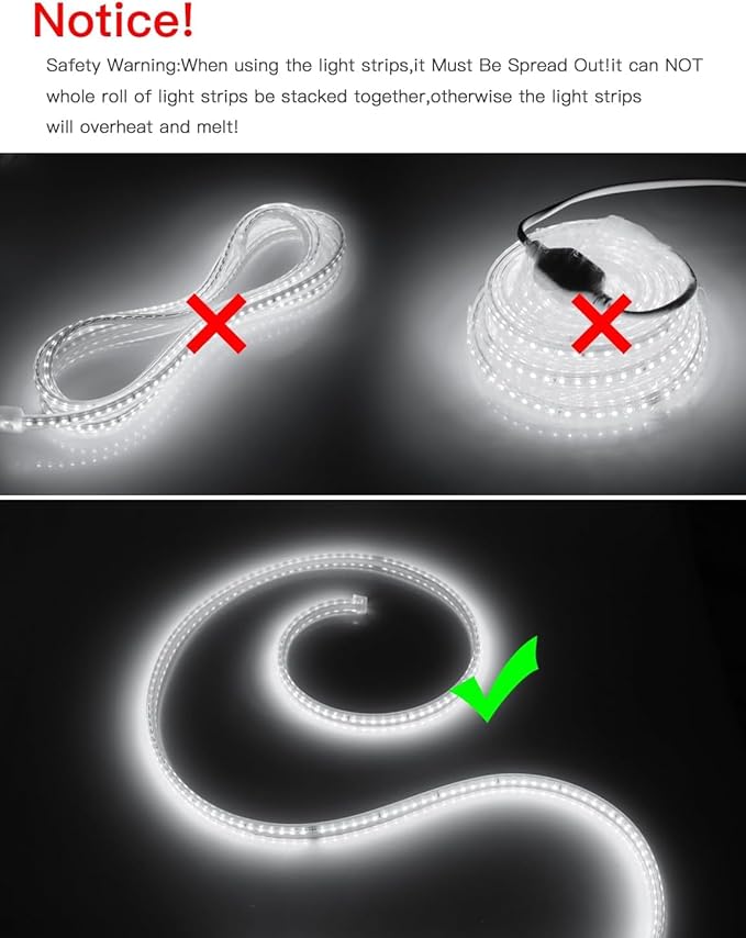 LED Strip Lights, 240 LEDs, 6500K Cool White, Waterproof Indoor & Outdoor Rope Lights for Room, Garden, Patio, Kitchen, Bedroom, Living Room, and Under Cabinet Decoration, AC 110V