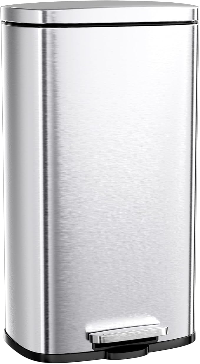 Arlopu 13.2 Gallon Step Trash Can, Stainless Steel Garbage Bin, Soft-Close Rubbish Bin with Removable Plastic Inner Bucket, Fingerprint-Proof, Lid Dustbin, Suit for Kitchen Home (Silver, 50L)