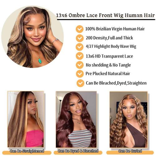 Sunelk 13x6 Lace Front Wigs Human Hair 200 Density Honey Blonde Ombre Highlight Body Wave Lace Front Wigs Human Hair Pre Plucked HD Lace Frontal Glueless Wig for Women 4/27 Colored 22 Inch