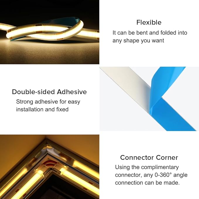 16.4FT COB LED Strip Light IP65 Waterproof DC12V 3000K Warm White Dimmable Strips, 320LEDs/m High Density Flexible Uniform Lights for DIY Home Decor, Cabinet, No Adapter/Controller