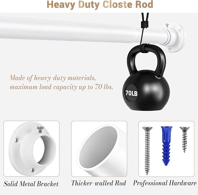 Closet Rod Adjustable 17 to 98 Inch, 1-1/4” Diameter, Closet Rods for Hanging Clothes, Stepless Metal Heavy Duty Hanging Rod for Closet Wardrobes Laundry RV (White)