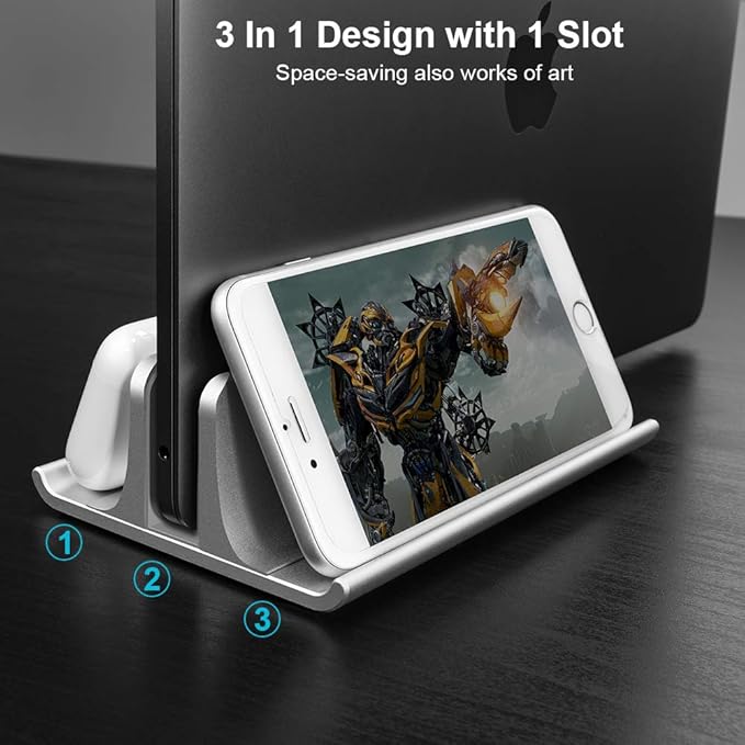 Vaydeer 3-in-1 Aluminum Laptop Stand Vertical Laptop Stand Holder for Desk with Adjustable Dock, Space-Saving Organizer for All MacBook, Surface, Samsung, HP, Dell, up to 17.3 inch