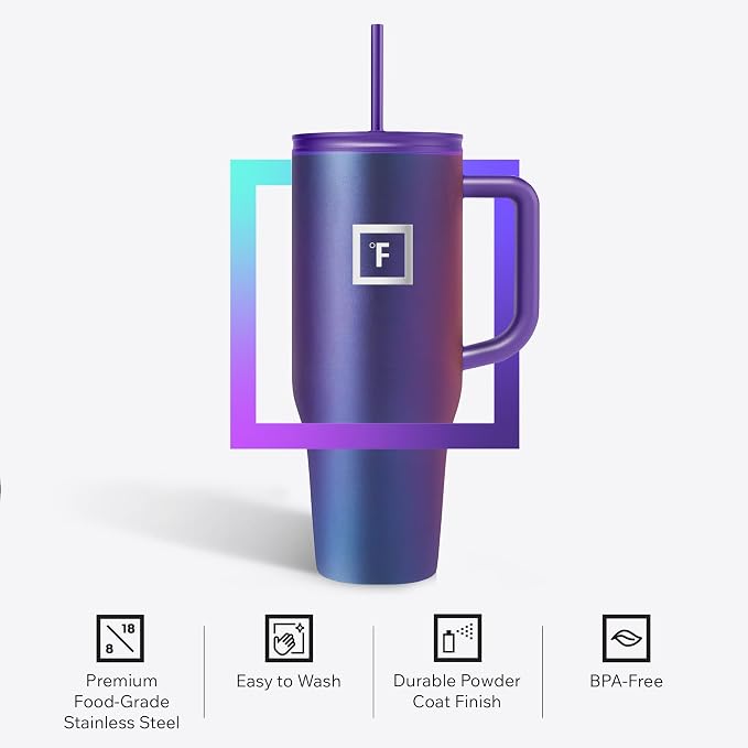 IRON °FLASK Co-Pilot Insulated Mug w/Straw & Flip Cap Lids - Cup Holder Bottle for Hot, Cold Drink - Leak-Proof - Water, Coffee Portable Travel Mug - Aurora, 40 Oz