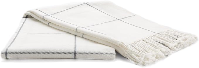 Arus Acrylic Highlands Collection Queen Size Tartan Plaid Design Throw Blanket Off-White, 60x80 inches