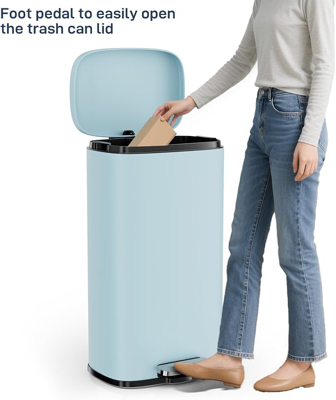 Arlopu 8/13.2 Gallon Step Trash Can, Stainless Steel Garbage Bin, Soft-Close Rubbish Bin with Removable Plastic Inner Bucket, Fingerprint-Proof, Lid Dustbin, Suit for Kitchen (Tide Pool Blue, 30L)