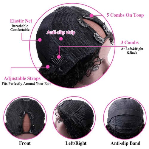 Amznlady Curly V Part Wig Human Hair Brazilian Virgin Human Hair Wigs for Black Women Upgrade U Part Wigs Glueless Full Head Clip In Half Wig No Leave Out 180% Density Natural Black 16 Inch