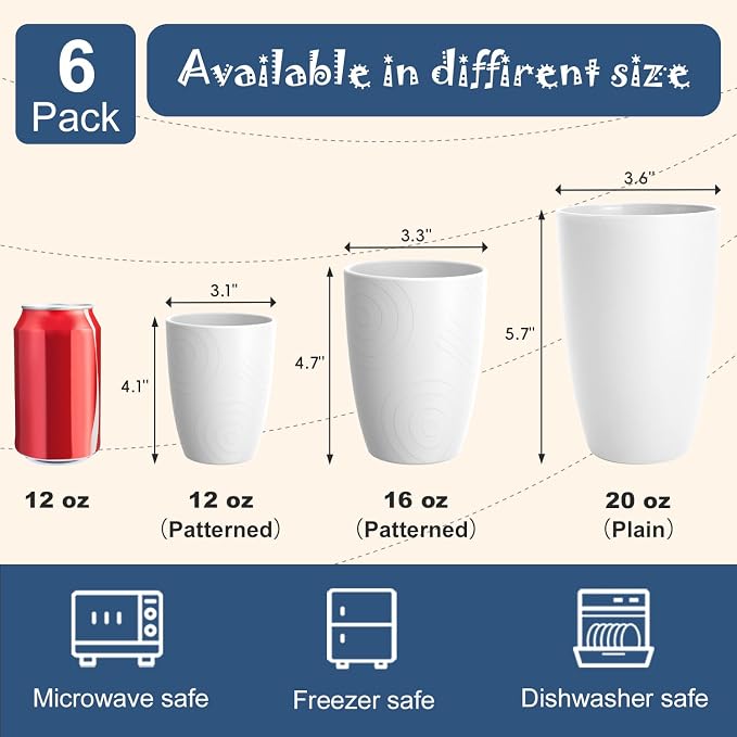 Wheat Straw Cups 6 PCS, Unbreakable 16 OZ Tumbler Set, Lightweight Glass Cups with Unique Pattern, Reusable Alternative to Plastic Cups, Dishwasher Safe Tumbler for Kitchen, Camping, White