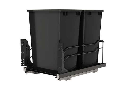 Rev-A-Shelf Steel Double Pullout Waste Container with Soft-Close, 35 Quart, Black - Sliding Garbage Bin System with Dual Trash Can for 18" Home Kitchen Base Cabinet, 53WC-1835SCDM-218