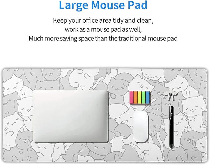 Kawaii Cats White Gaming Mouse Pad XXL Cute Kittens Japanese Extended Big Large Desk Mat Non-Slip Rubber Base Stitched Edge Long Keyboard Mousepad for PC Computer Laptop, 35.4×15.7 Inches