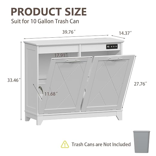 Double Tilt Out Trash Can Cabinet with Charging Station, Negative Ion Odor Control, Hidden Dual 10-Gallon Recycling Cabinet, Dog Proof Garbage Can for Kitchen, Laundry, Dining Room,White