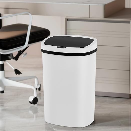 PayLessHere | 13 Gallon Plastic Trash Can | White | Automatic Touchless Lid with Motion Sensor | Kitchen Garbage Can with Waterproof Design | for Home, Office, Bathroom | Pack of 3