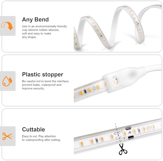 LED Strip Lights Outdoor LED Lights Waterproof AC 110V 600LED 3000k LED Rope Lights for Indoor, Outdoor, Garden, Lawn, Kitchen, Staircase, Room Decoration Lighting