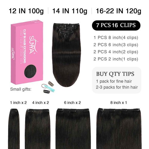 SUYYA Real Human Hair Clip in Extensions - Straight, Double Weft Natural Black Hair - Clip ins 7pcs 120g (18 inches #1B Off Black)